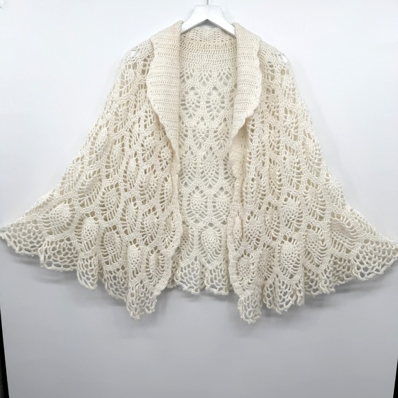 Handmade Sweaters - Vintage Handmade Crochet Poncho Cardigan One Size Coquette Fairy Ethereal Artsy